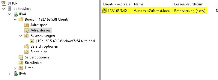DHCP Reservierung aktiv