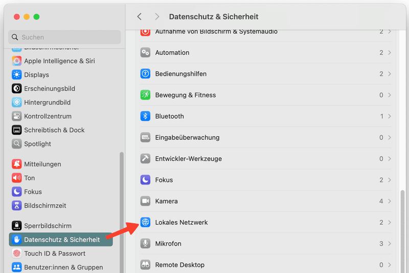 Einstellungen in macOS - Datenschutz und Sicherheit - Lokales Netzwerk